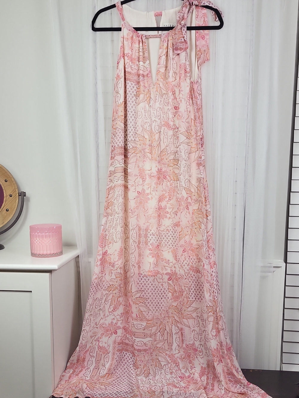HALE BOB Sleeveless Pink Floral asymmetric Maxi Dress with Tie Neck. Size S
